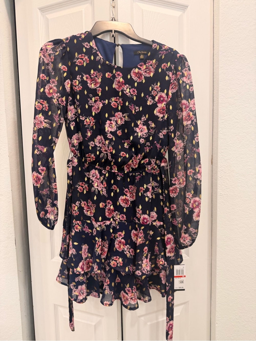 City Studio Navy Floral Long-Sleeve Tiered Dress
